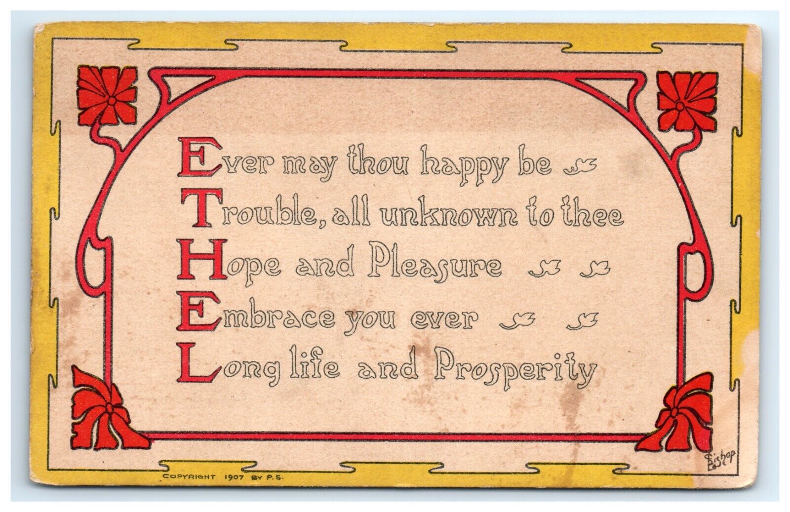 Postcard Name Ethel Acrostic Poem Posted 1909 Art Nouveau Artist Signed Bishop