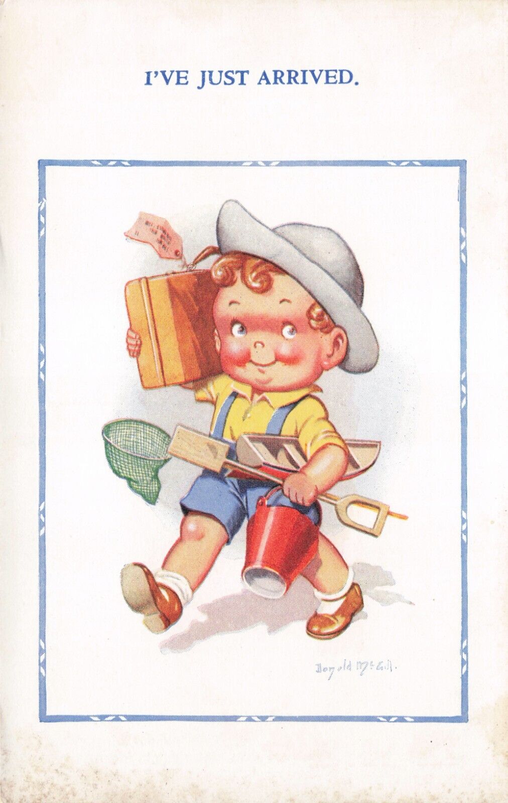 Artist Signed Don McGill I’ve Just Arrived Little Boy Hat Postcard late 40s-50s