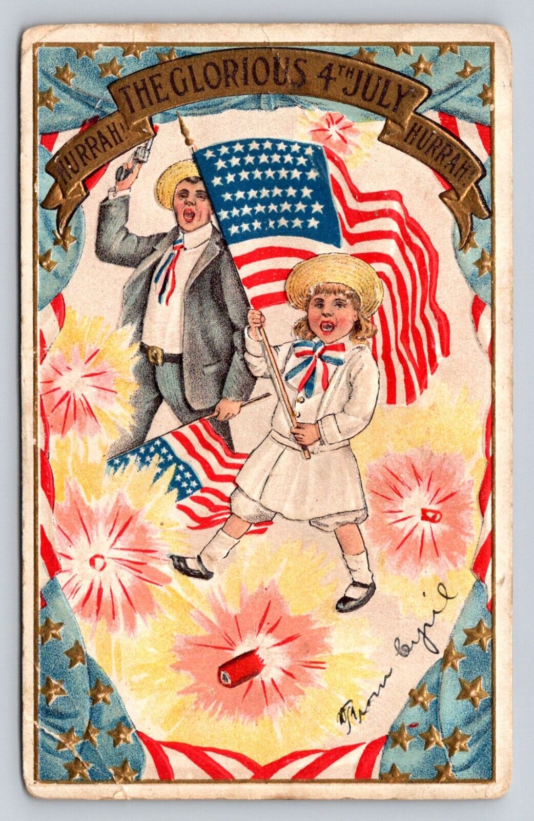 c1905 Children March Patriotic Flag Firecrackers Fourth of July Postcard P837