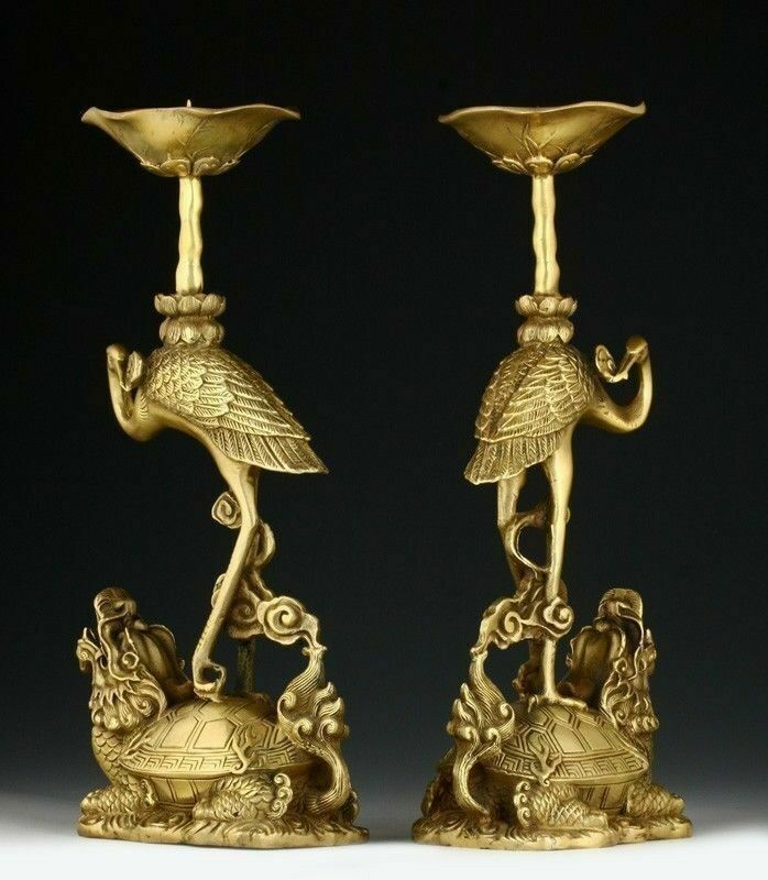 PAIR OF ORIENTAL CHINESE CARVED COPPER CANDLE STICK-CRANE STATUES