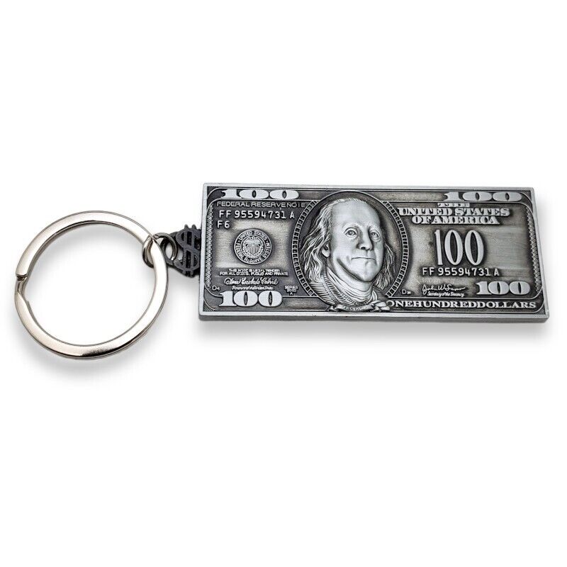 One Hundred Dollar Bill Keychain Novelty Key Ring Metal Benjamin Franklin $100