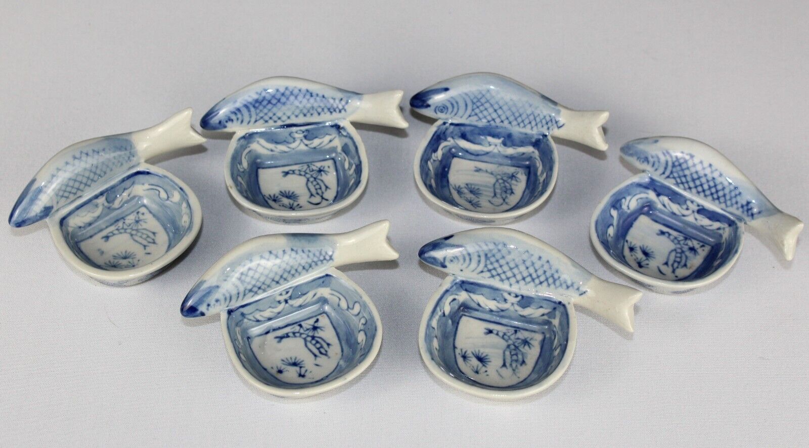 6X Hashioki Koi fish chopstick rest / sauce bowl, blue white porcelain China