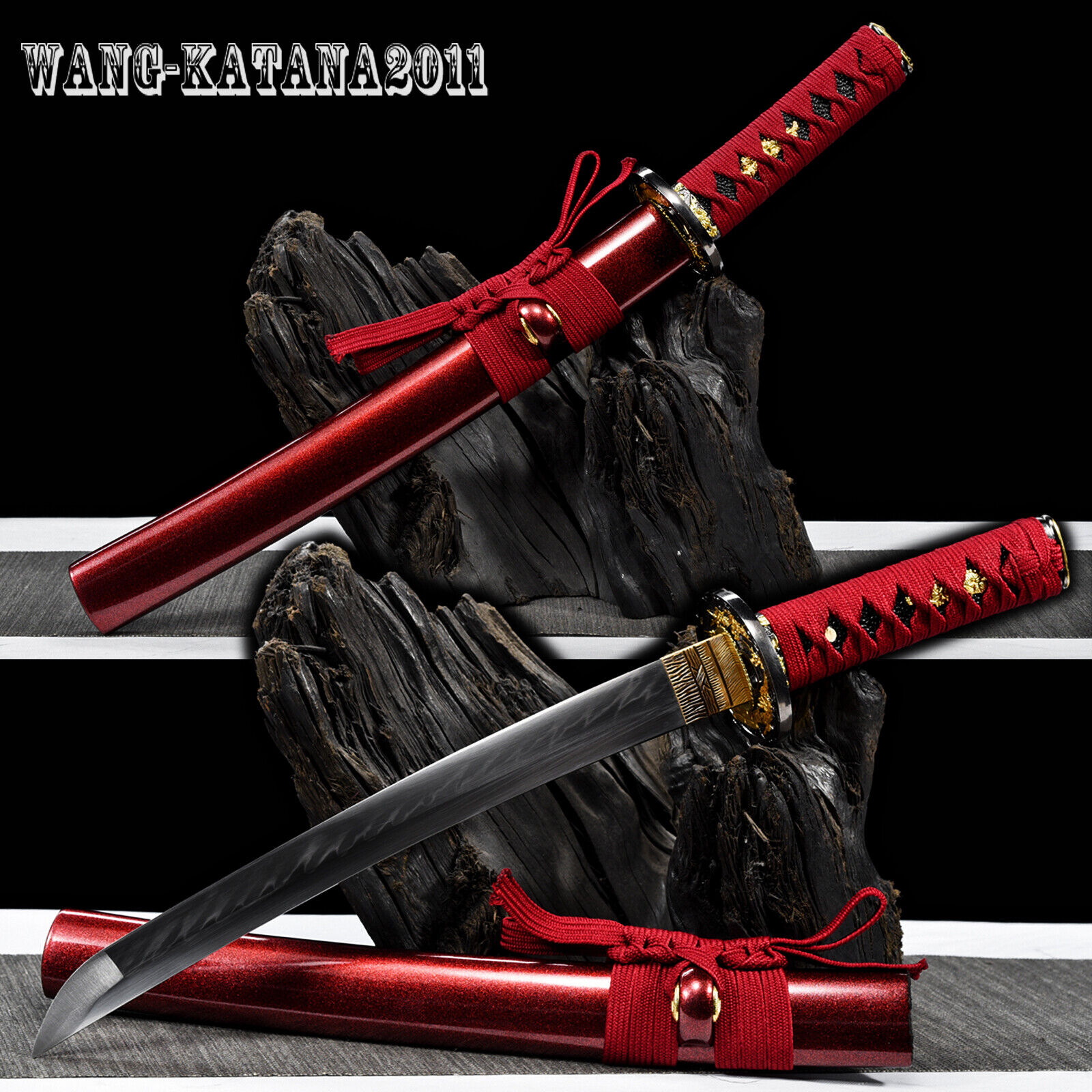 22\'\'Red Tanto Clay Tempered T10 Steel Mini Katana Knife Self-defense Short Sword