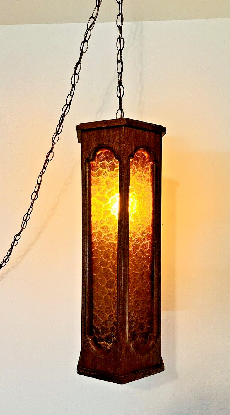 Vintage Large Hexagonal Wood With Amber Panels Hanging Swag Lamp 25\