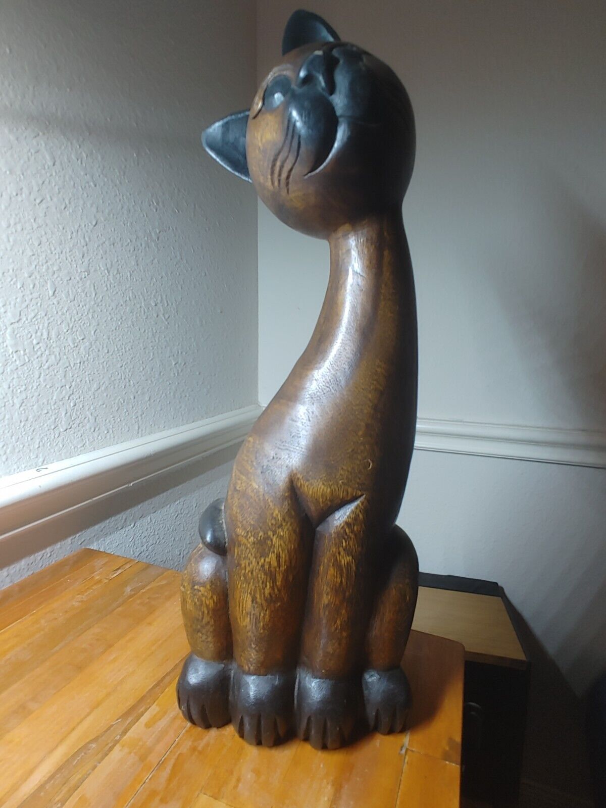 Cat Wood Sculpture Vintage Carved Wooden Mid Century Modern 20” Tall