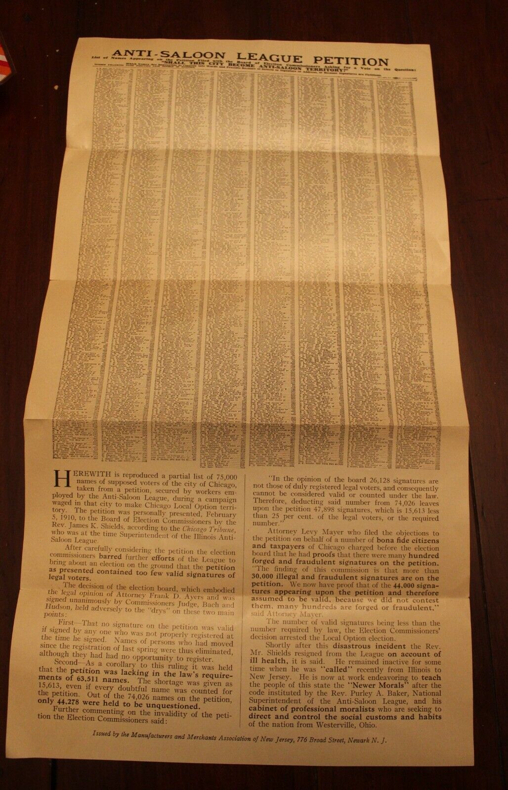 RARE Pre-Prohibition Anti-Saloon Petition For Chicago Dated 1914~Fantastic~Fr/Sh
