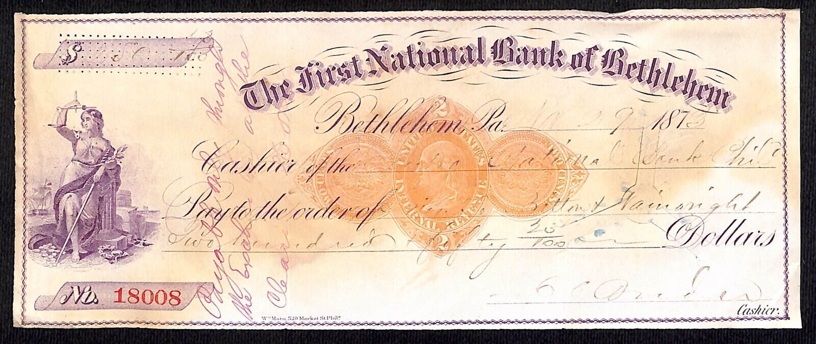Bethlehem, PA 1873 First National Bank of Bethlehem w/ Tax Stamp & Vignette