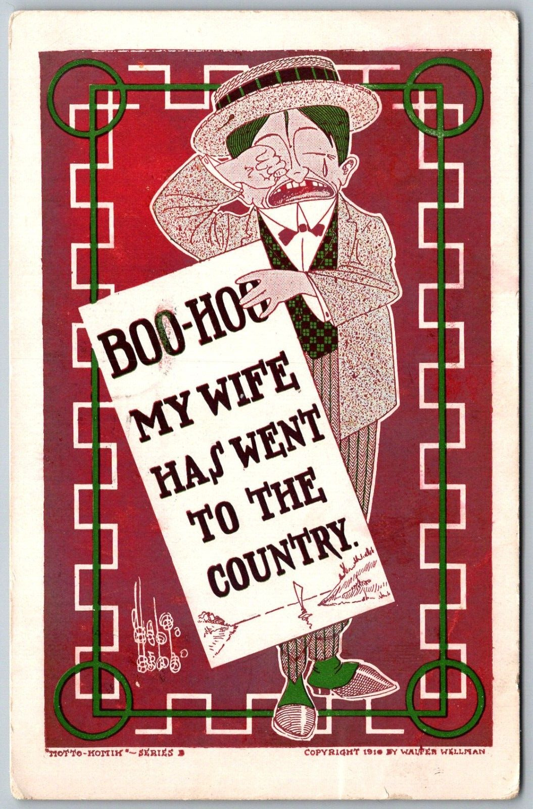 Boo Hoo My Wife Has Went To The Country 1910 Walter Wellman Motto Komik Postcard