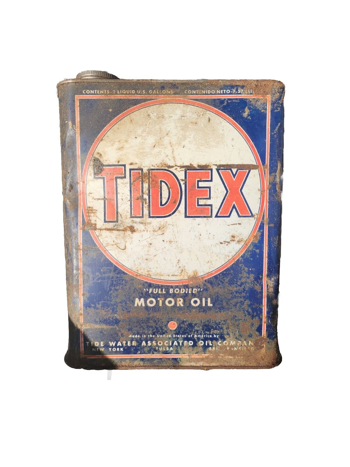 Vintage Tidex Motor Oil Can 2 GALLON RED, WHITE & BLUE CAN METAL TIN W HANDLE