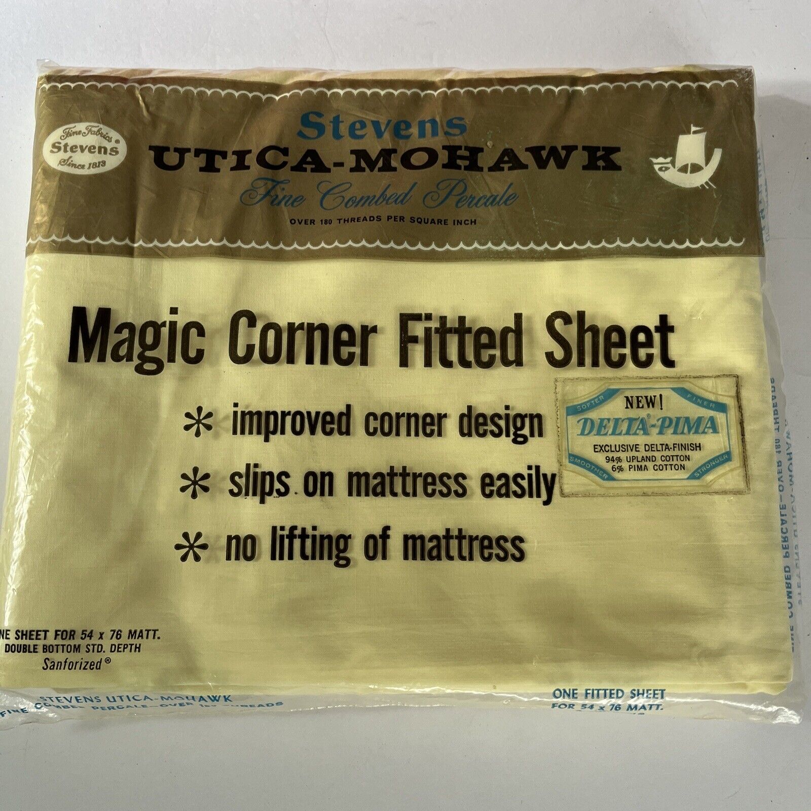 Vtg Stevens Utica-Mohawk Fine Combed Percale Sheet Full Fitted Yellow New NOS