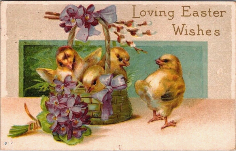 Antique Postcard Loving Easter Wishes Chicks Basket Forget Me Not Bouquet 1915