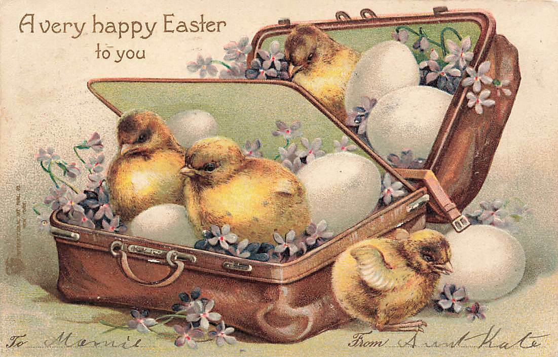 c1905 Fantasy Chicks Eggs Inside Luggage Suitcase Easter P330