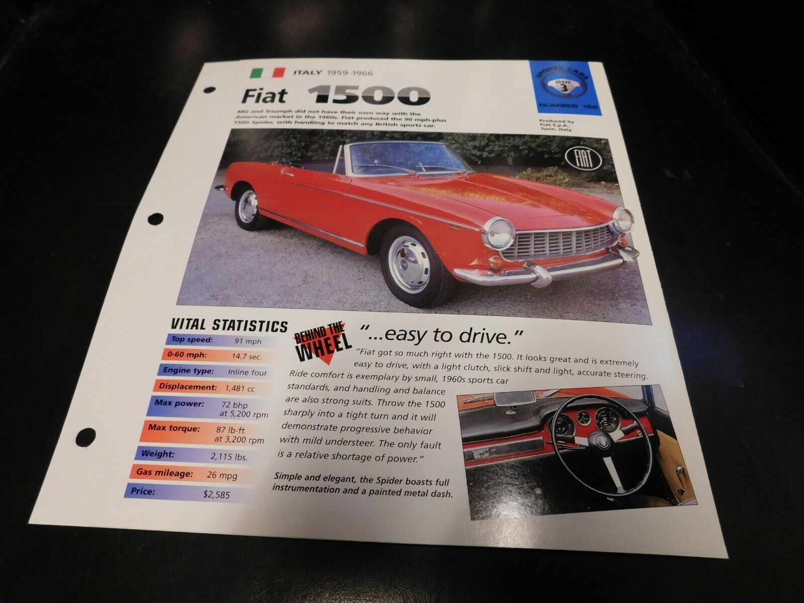 1959-1966 Spec Sheet Brochure Photo Poster Fiat 1500 65 64 63 62
