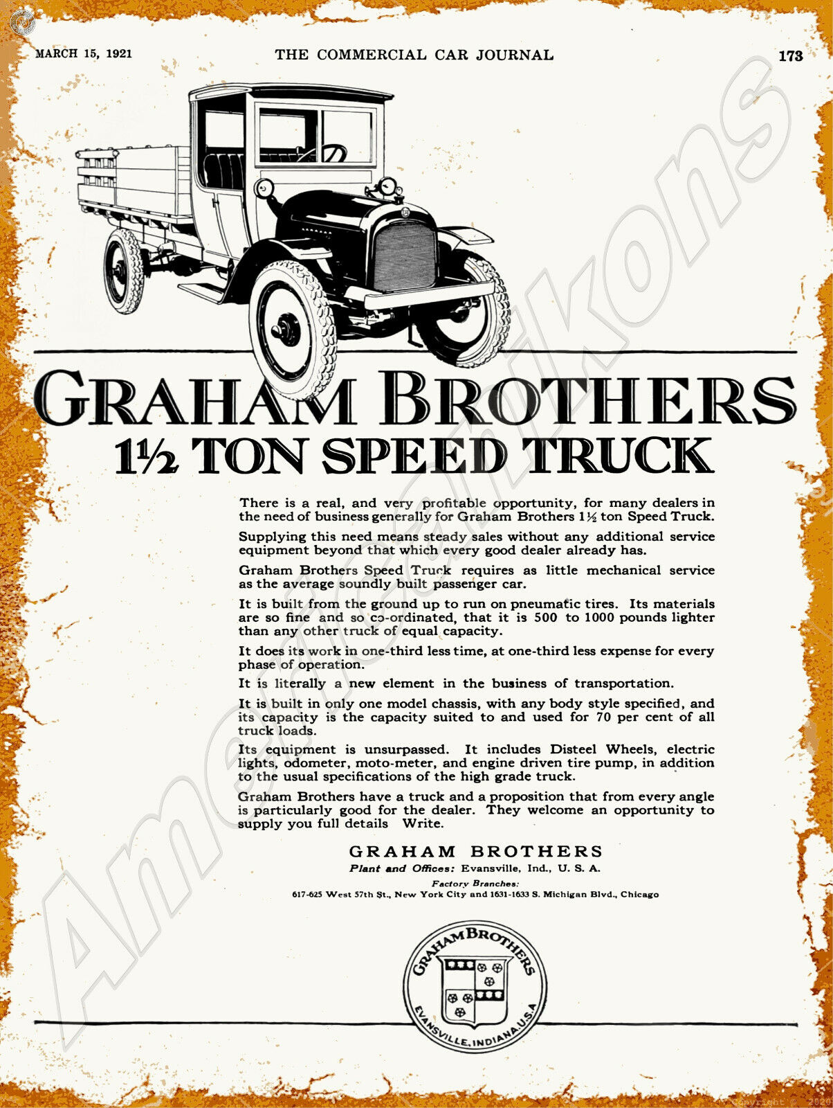 1921 Graham Brothers Speed Trucks New Metal Sign: - Evansville, Indiana