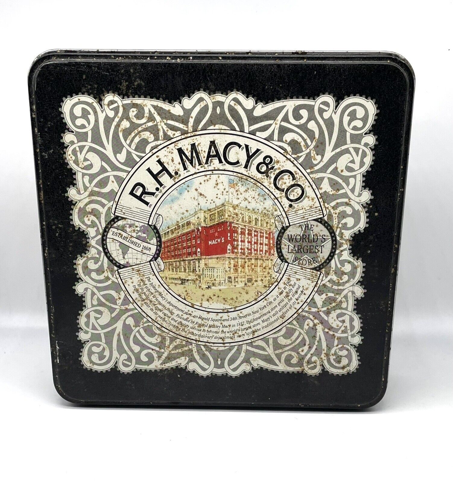 Vintage R.H. MACYS & CO New York City Advertisement Empty Tin Can 8x8” Tin Box R