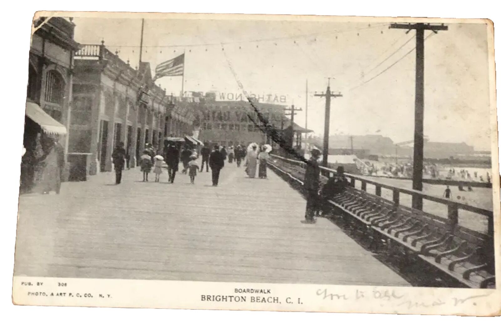 NY Coney Island Postcard Brighton Beach on boardwalk CI Black and White c. 1907