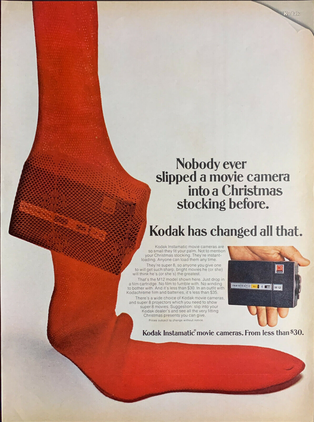 Vintage 1968 Kodak Instamatic Movie Camera Stuffed In Red Stocking Advertisement