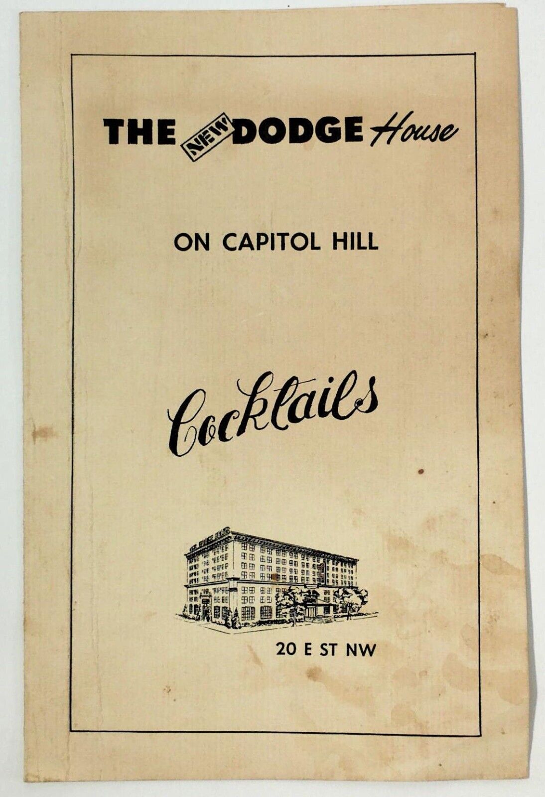 Vintage Cocktail Menu THE Grace DODGE HOUSE Hotel Capitol Hill Washington DC 
