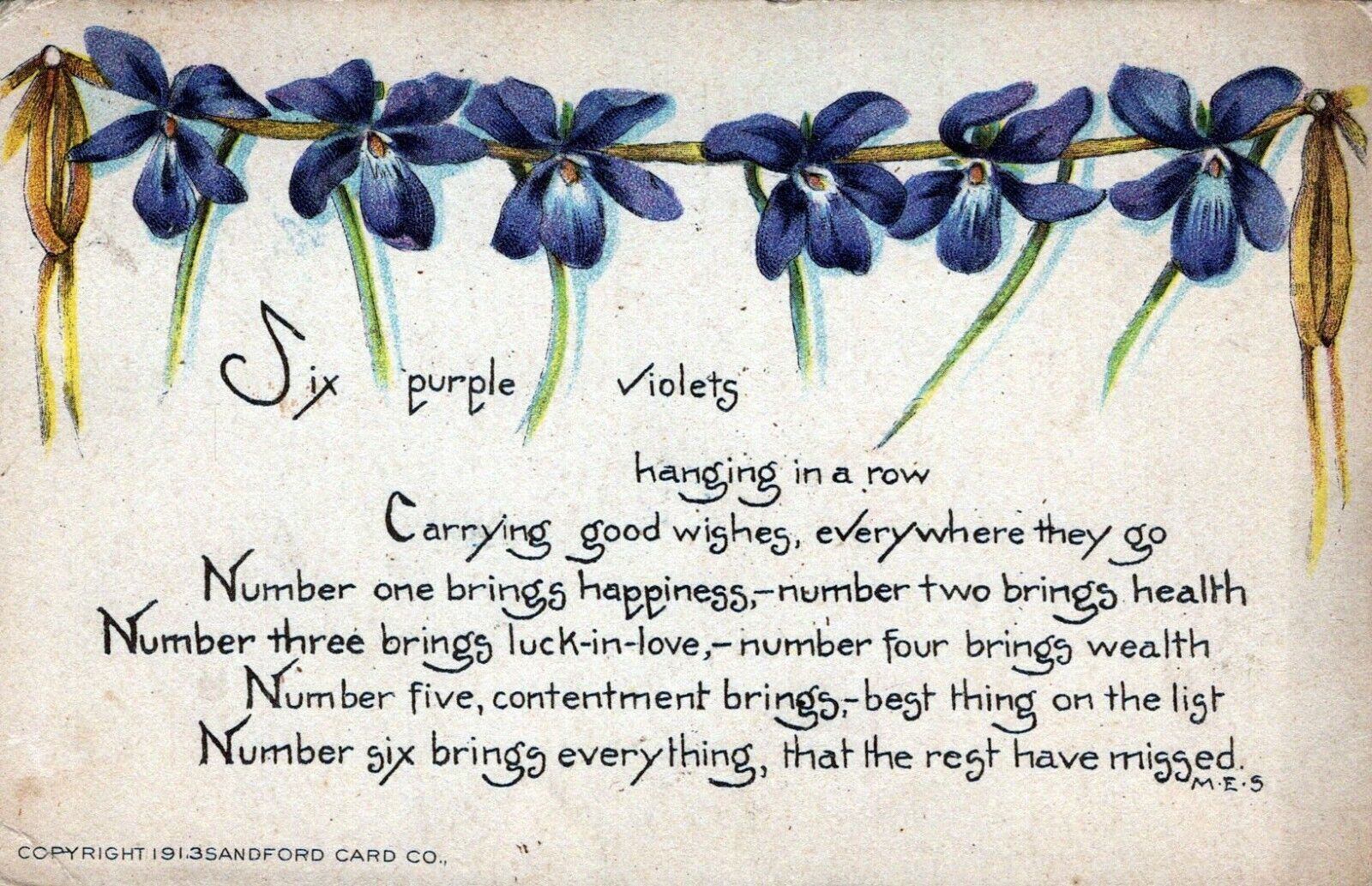 Six Purple Violets Hanging In A Row Greet Posted Vintage Divided Back Post Card