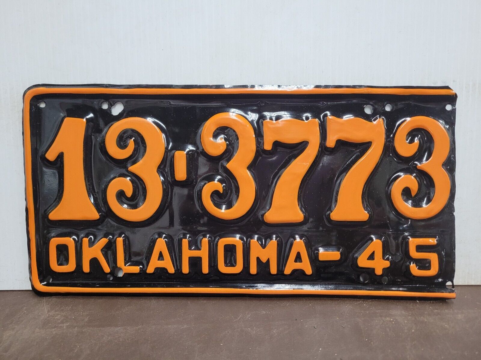 1945  Oklahoma   License Plate Tag has some damage on right border