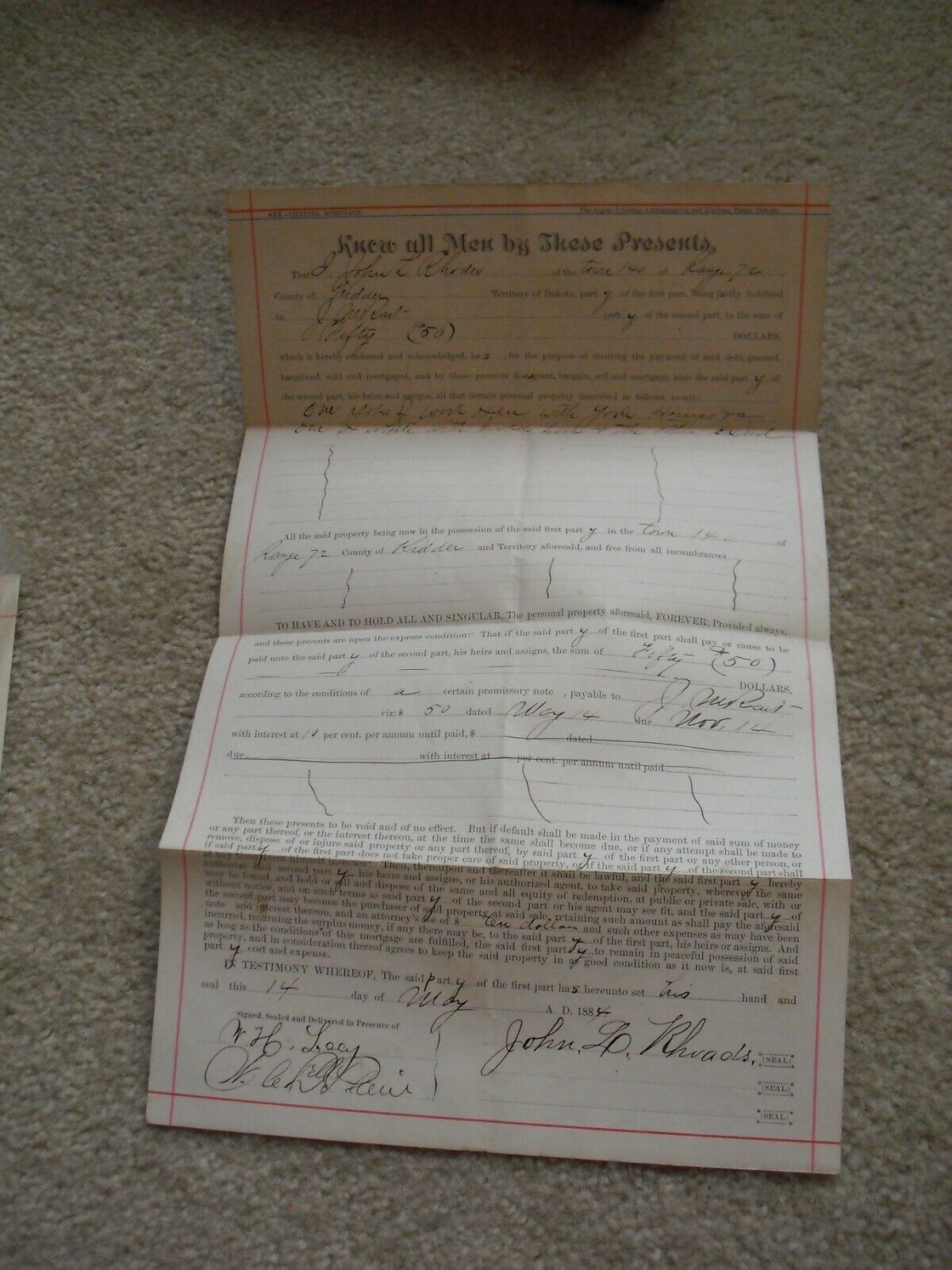 Original 1884 Territory of Dakota US Deed John Rhoads