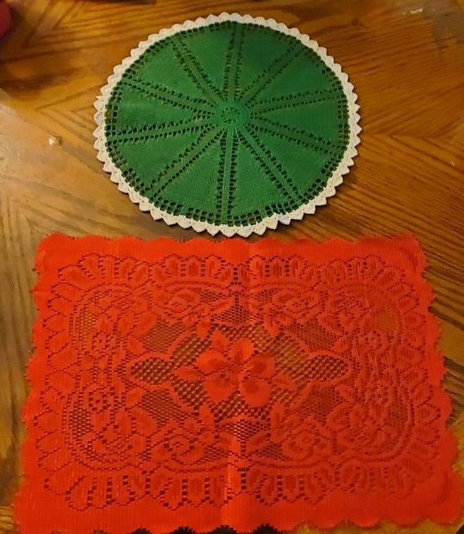 2 Vintage Hand Crocheted  Large Doilies Centerpiece Green and Red