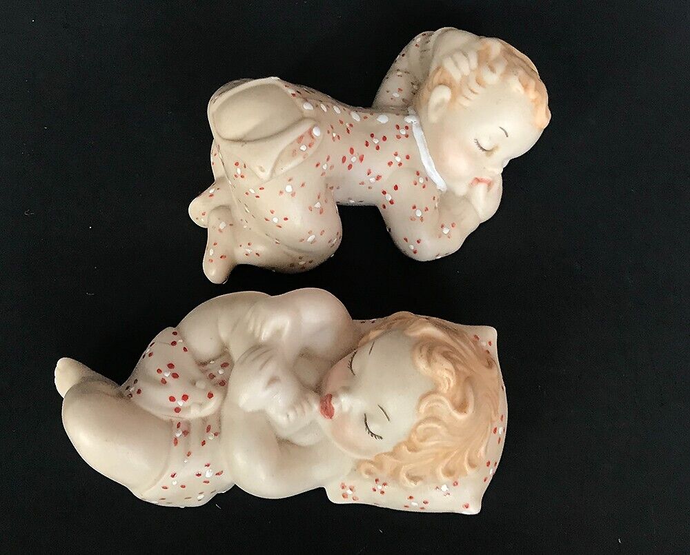 A Pair Cutest Vintage Ceramic Sleeping Babies Boy & Girl in PJs