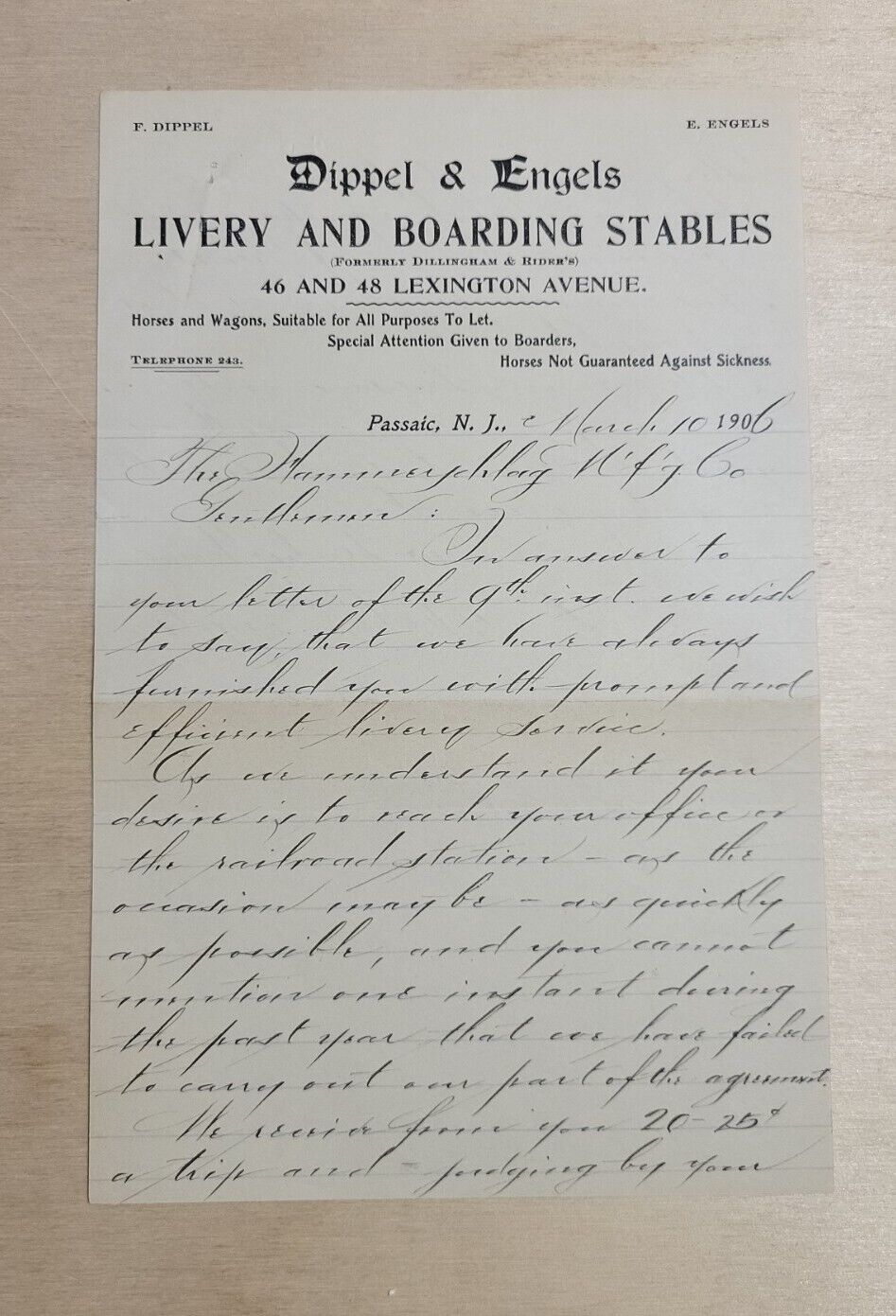 1906 Antique Document, Dippel & Engels Passaic, N. J., Signed