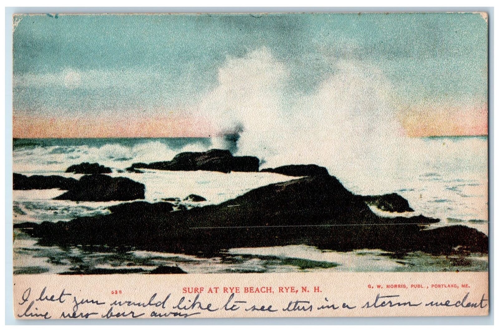 c1905 Surf At Rye Beach Huge Waves off Shore Rocks New Hampshire NH Postcard
