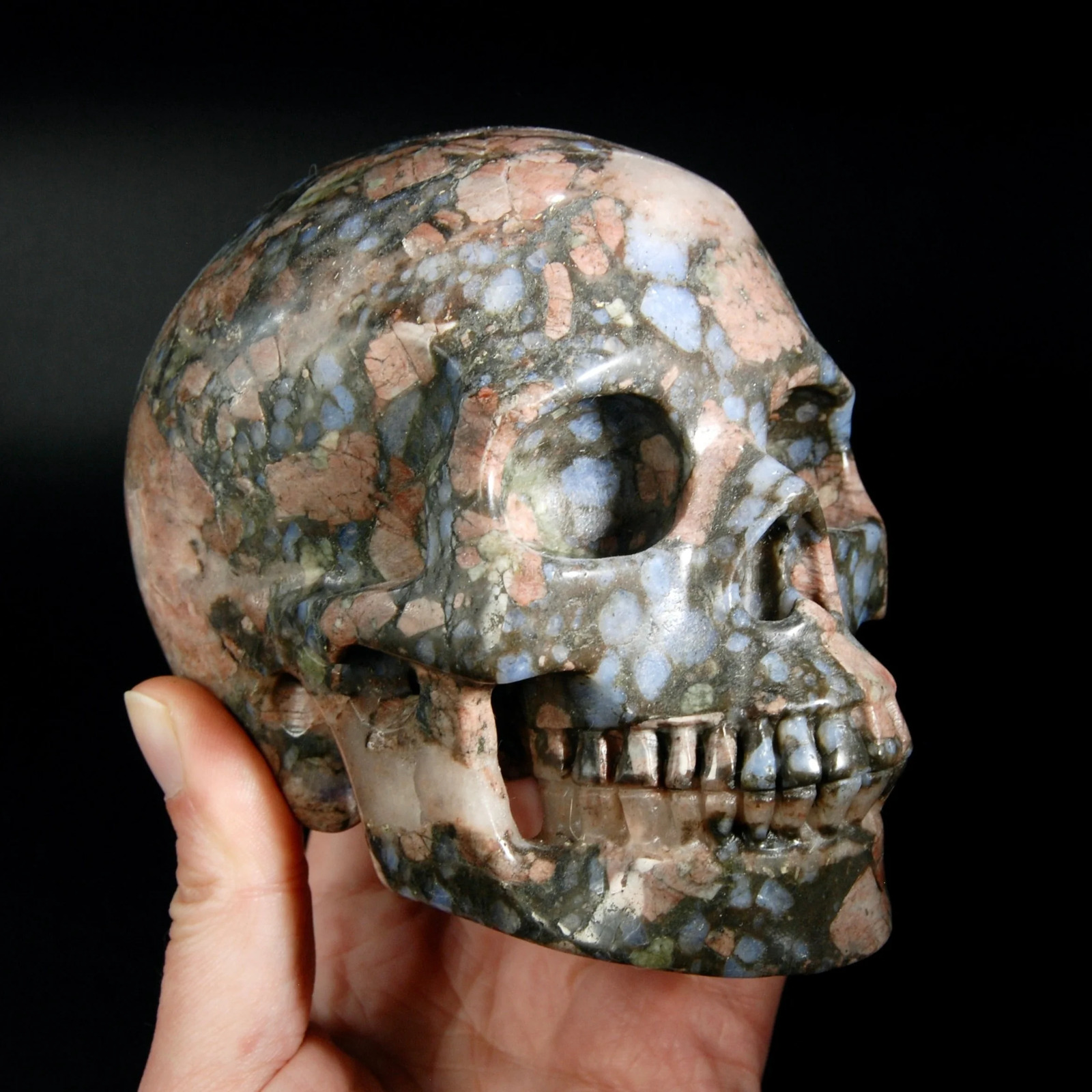 HUGE 5in 3lb Blue Opal Llanite Carved Crystal Skull, Realistic Que Sera Crystal 