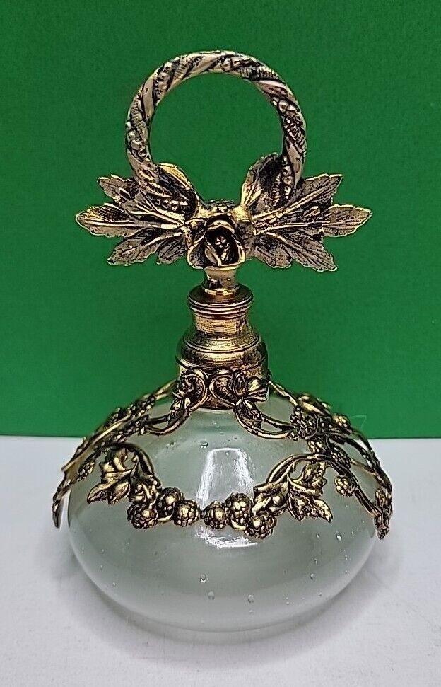 Vintage Gold Rose Metal & Glass Perfume Bottle.