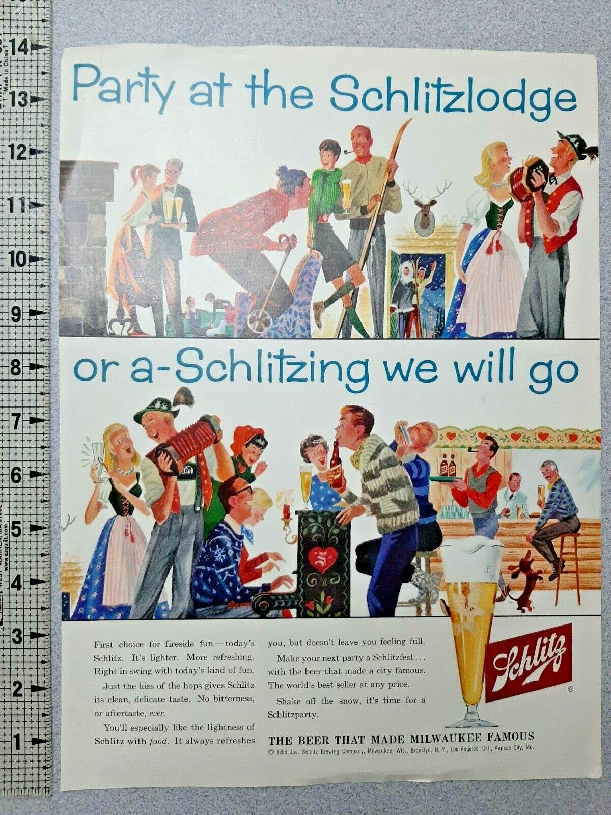 1958 Schlitz Vintage Print Ad Beer That Made Milwaukee Famous Party Lodge Dining