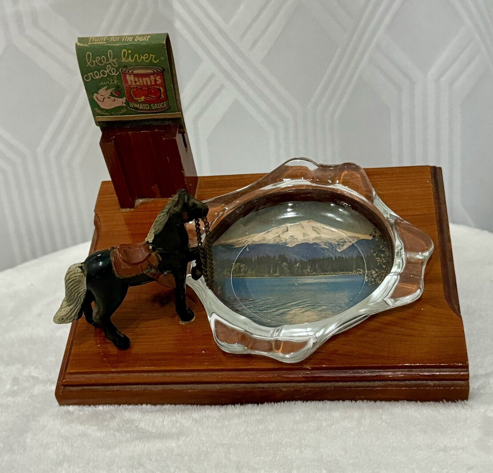 Vintage 70s Ashtray wooden/glass ashtray w/ horse match book holder water scene