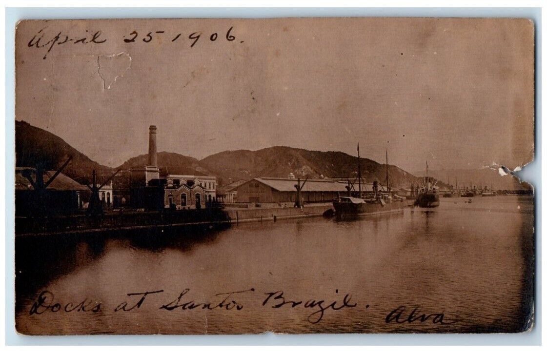 1906 Docks Boat Factory View Santos Sao Paolo Brazil RPPC Photo Posted Postcard