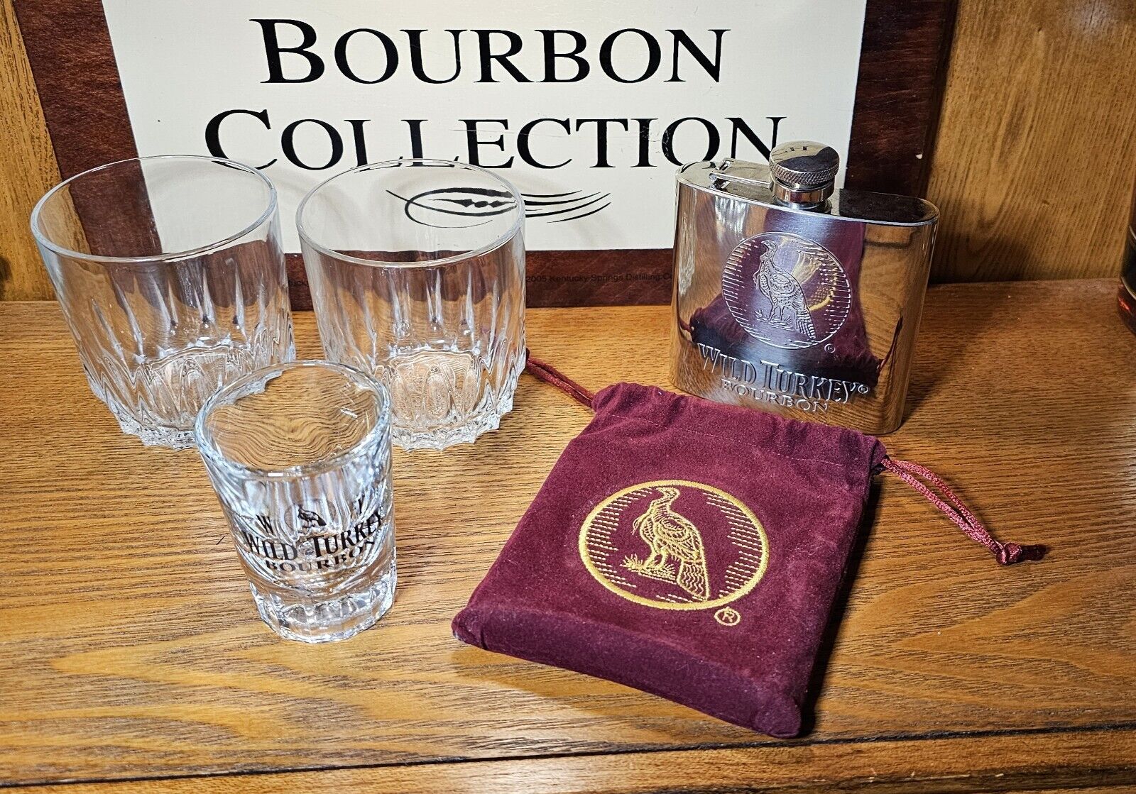 Wild Turkey Bourbon Collectable Gift Set, Shot Glass, Rock Glasses, Flask