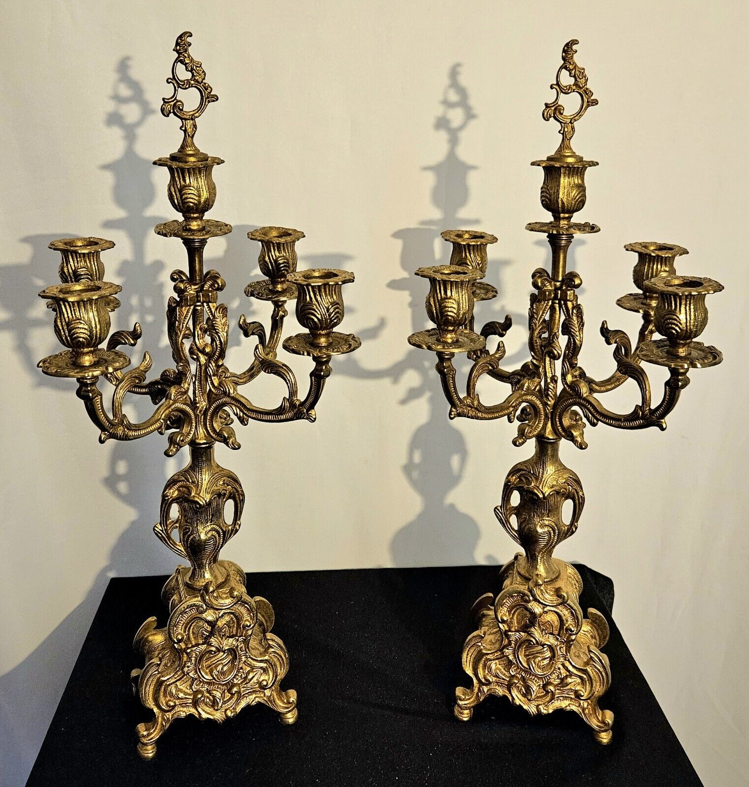 Pair Hollywood Regency Rococo Gilt Five Arm Candelabras Brass Italian Brevettato