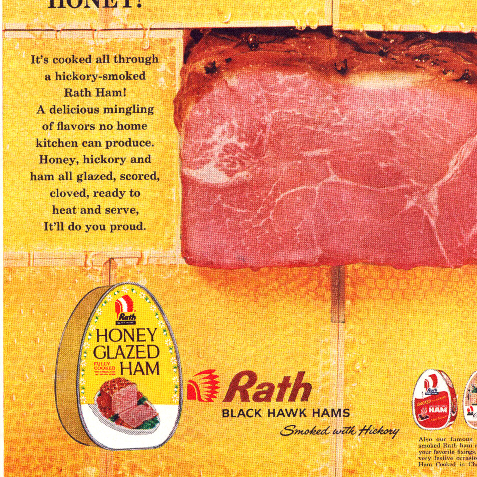 1963 Rath Black Hawk Hams Meats Foods Honey Glazed Canned Vtg Magazine Print Ad