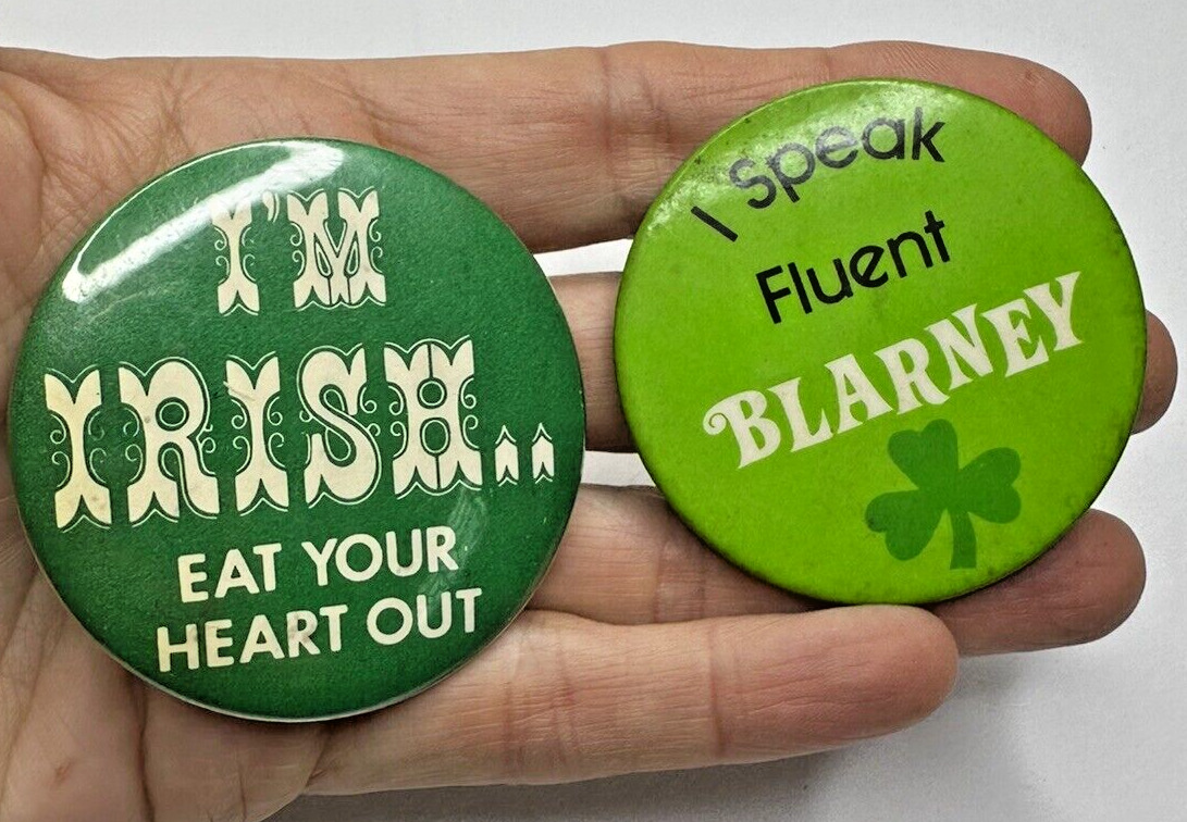 Vintage Pin I'm Irish Eat your heart out i speak Fluent Blarney Set of 2 Green