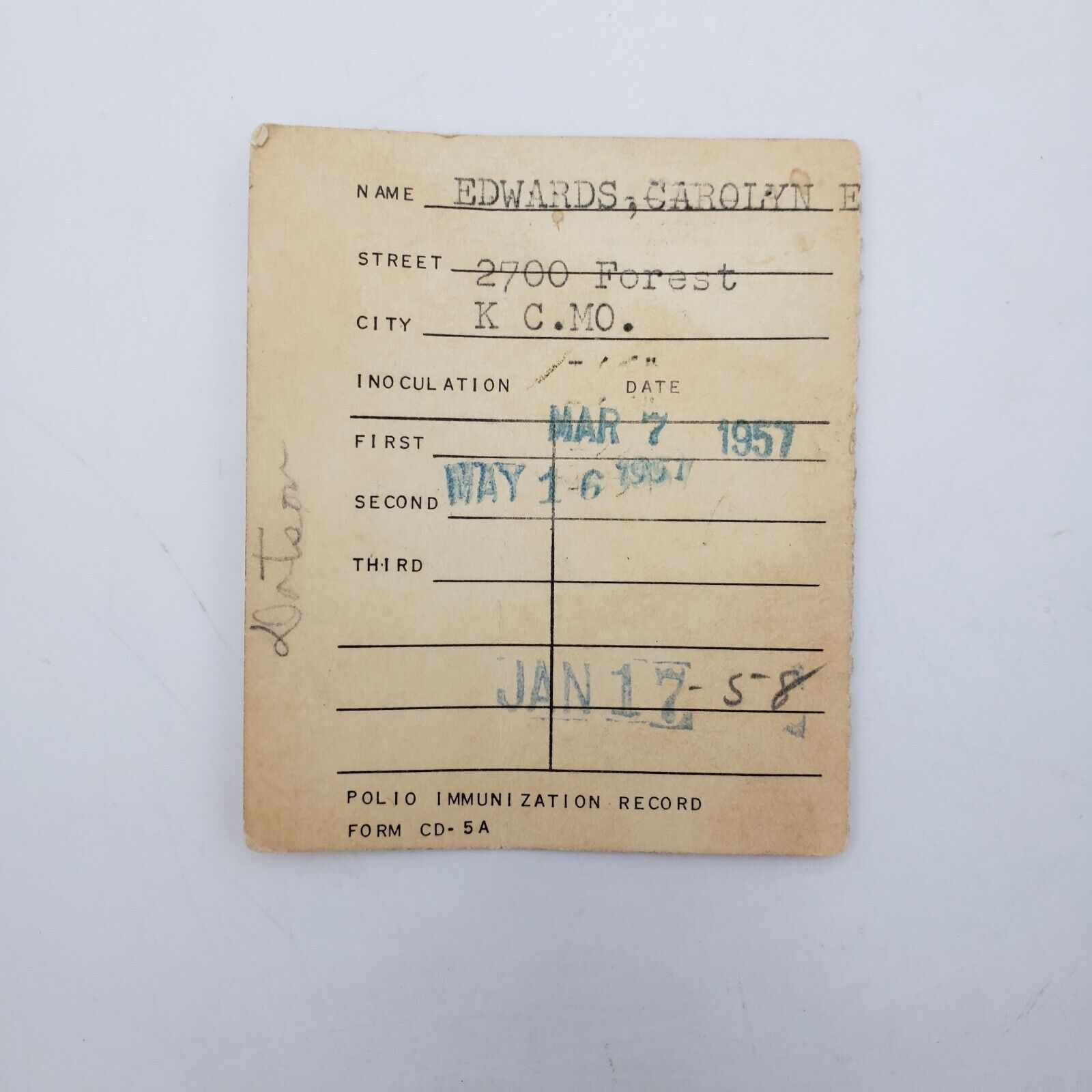 Vintage Personal Polio Immunization Record 1957 1958 Kansas City Missouri