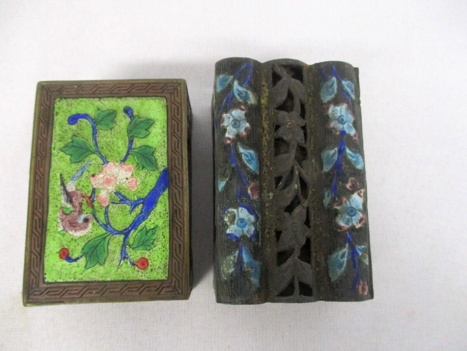 2 ANTIQUE CHINESE CLOISONNE ENAMEL MATCH BOX HOLDERS with BIRD & FLOWERS