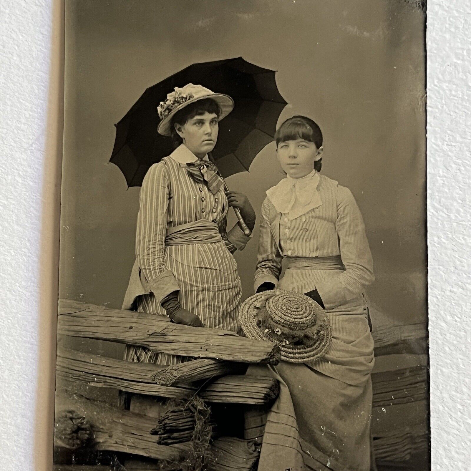 Antique Tintype Photograph Beautiful Affluent Young Women One Pregnant? Parasol
