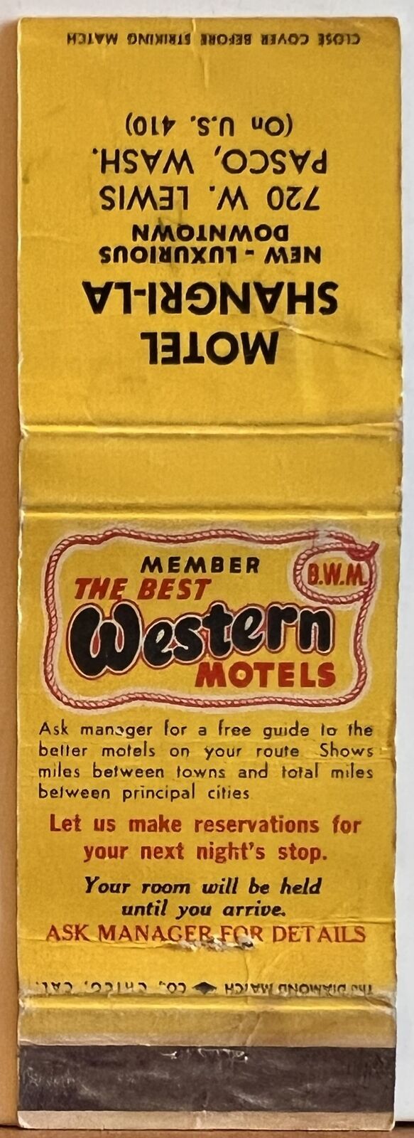 Motel Shangri-La Pasco WA Washington Best Western Motels Vintage Matchbook Cover