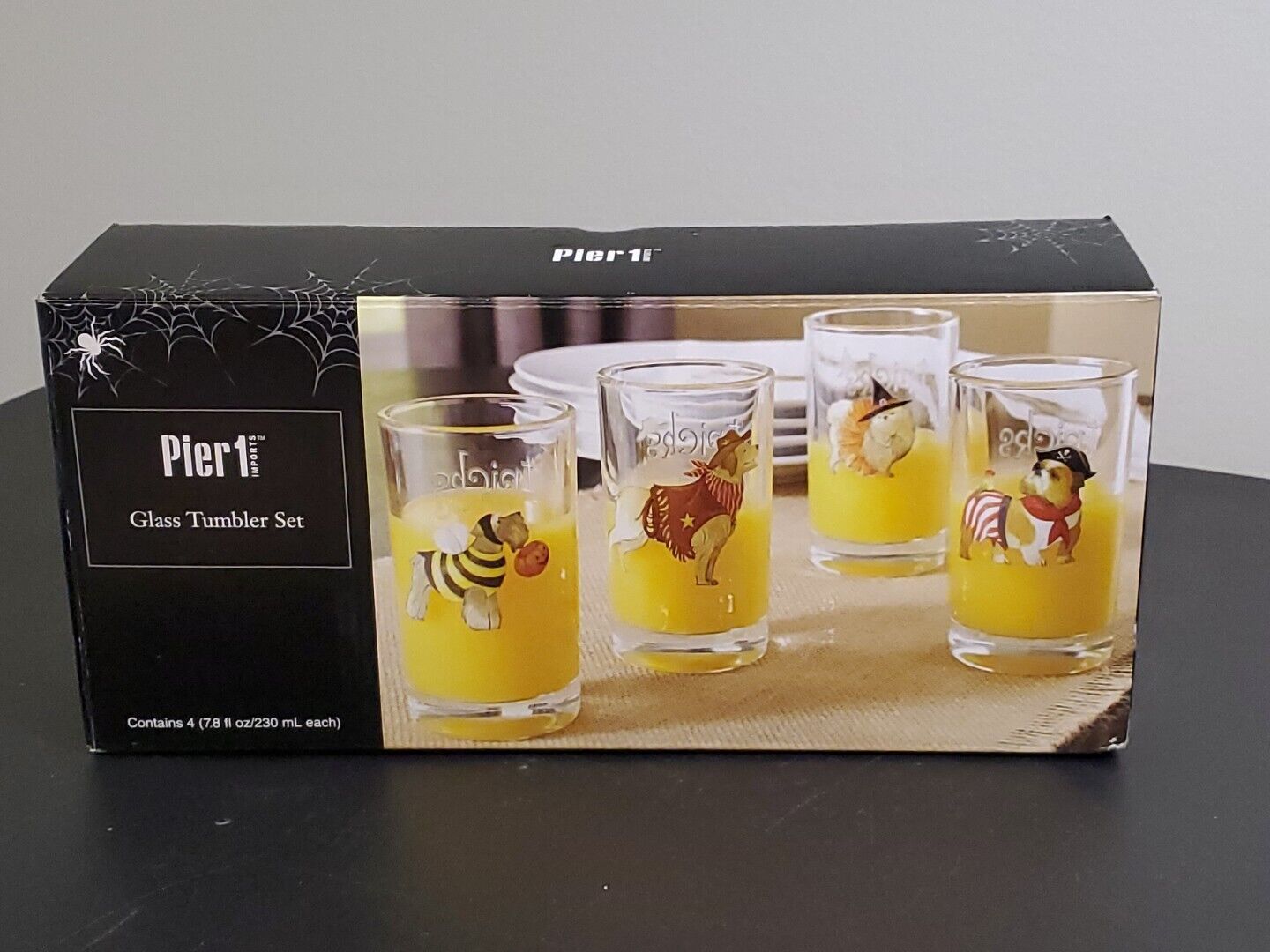 Pier 1 Imports Halloween Tricks For Treats Dogs In Costumes 4 Glass Tumbler Set