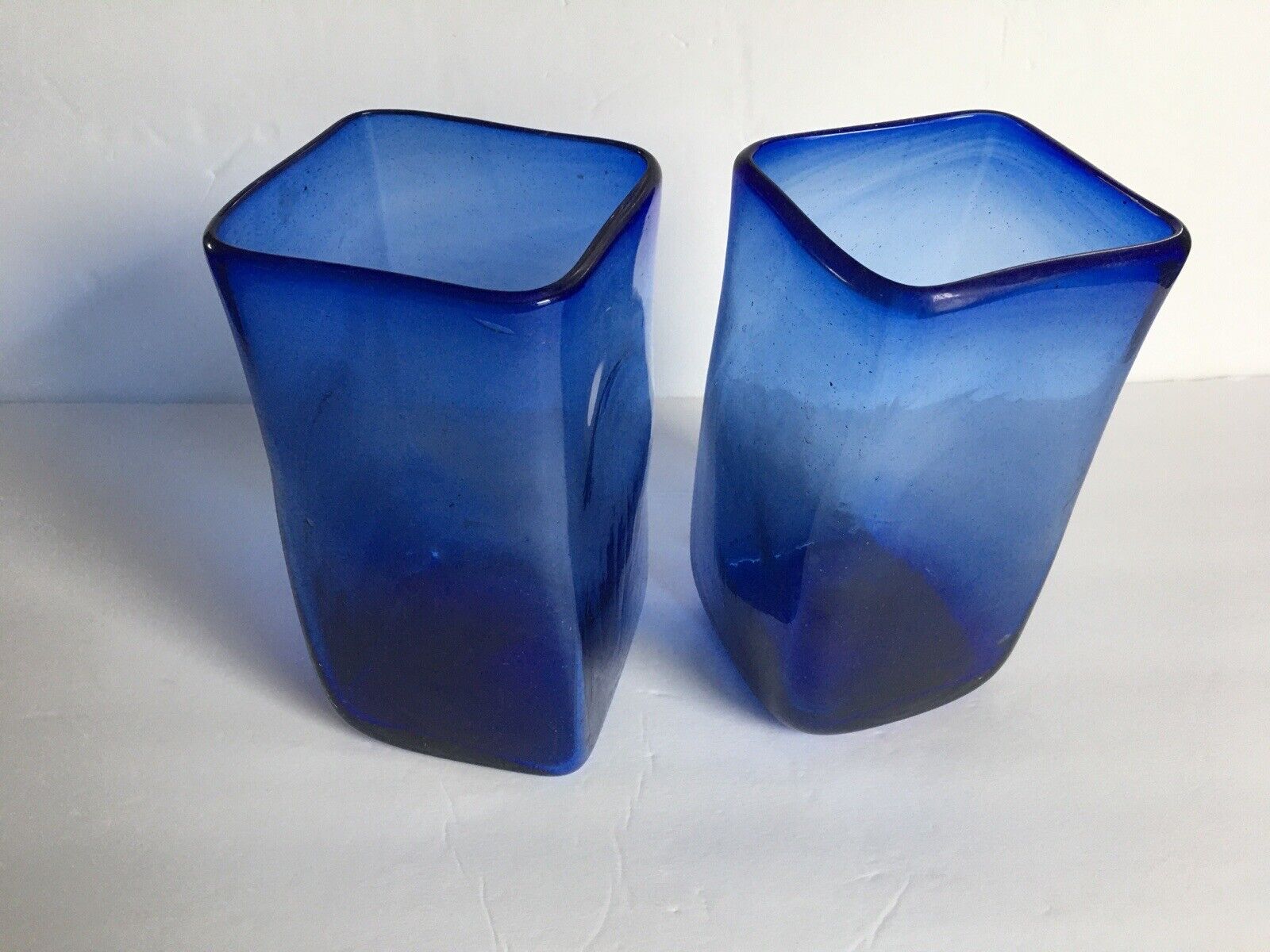 Set of 2 Cobalt Blue Vases Art Glass Rectangle/Square 8\