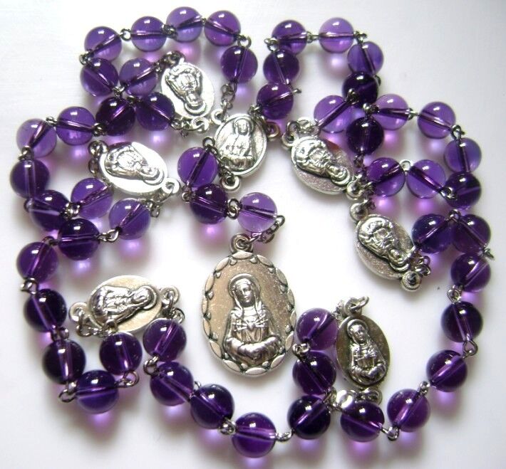Valuable Amethyst Beads 7 SEVEN SORROWS MARY ROSARY CATHOLIC NECKLACE GIFT BOX