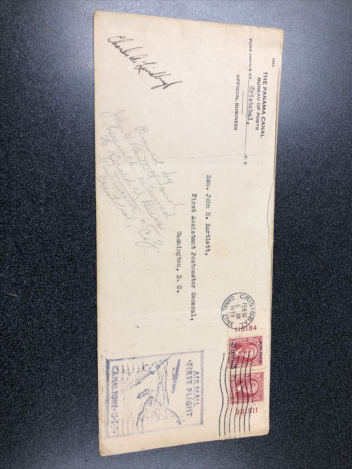 1929 Cristobal Canal Zone To Washington D. C. Signed by Charles A. Lindbergh