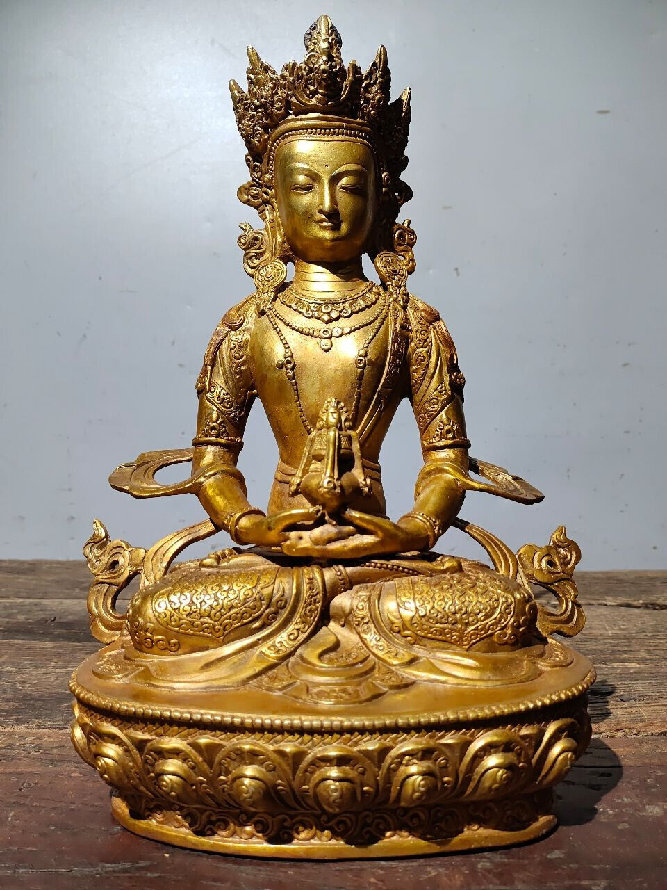 32cm old copper bronze gilt Amitabha/Amitayus Buddha Sitting Lotus flower Statue