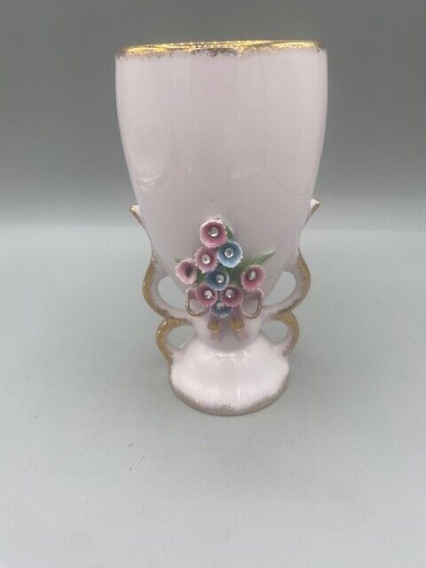 Lefton Vintage Hand Painted China Floral Pink Vase W/ Gold Rim