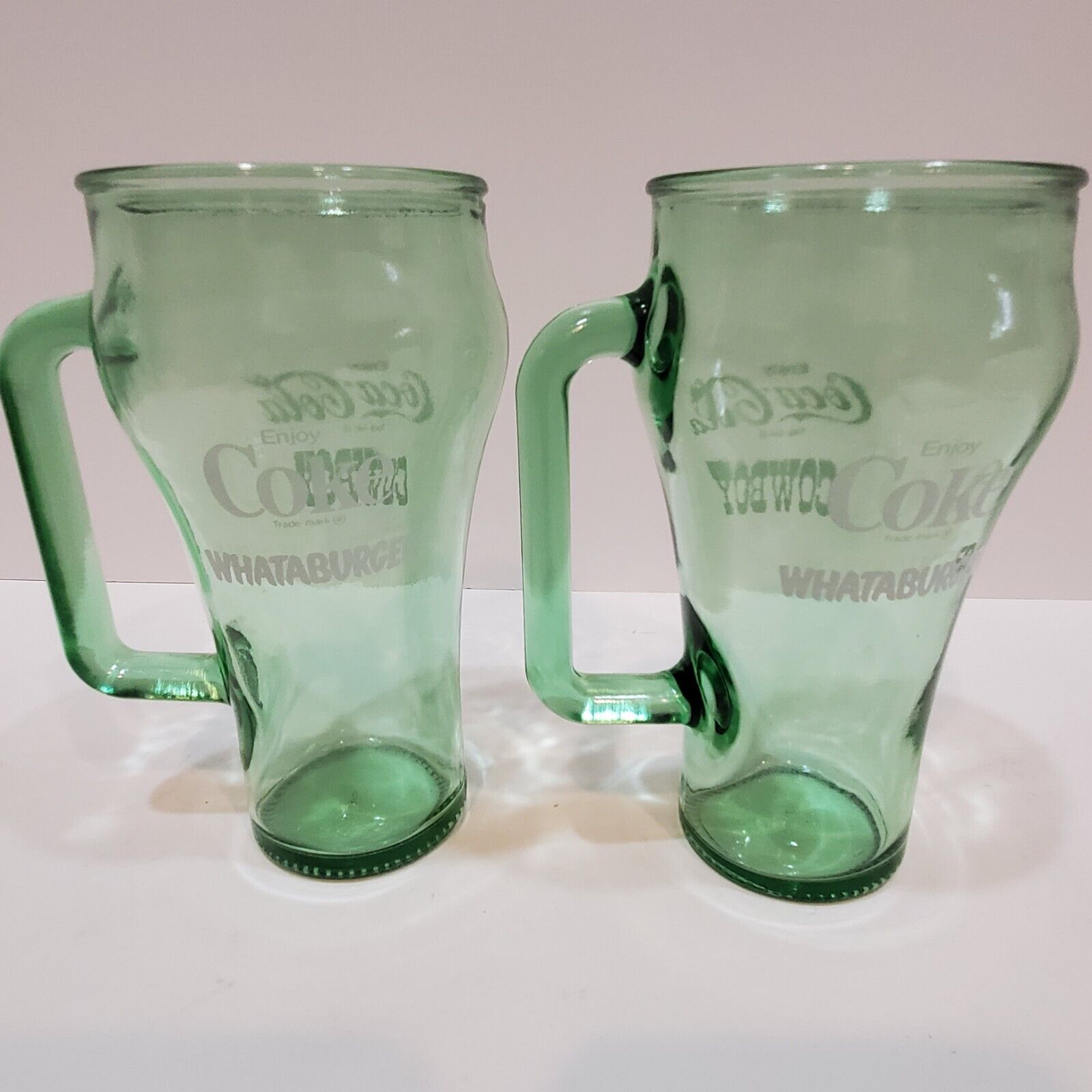 Vintage Set of 2 Coca-Cola Whataburger Cowboy Handle Mugs 12 oz Green Glass 80's