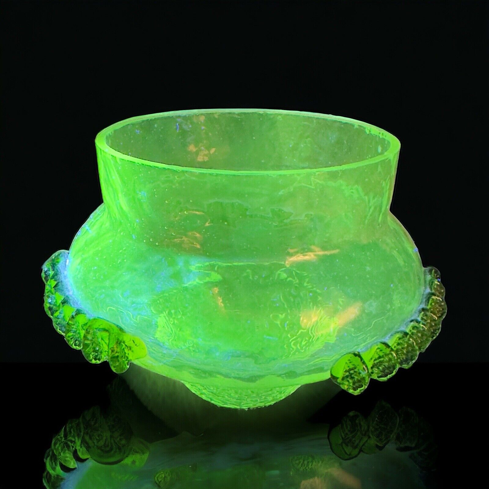 Antique Footed Vase Bowl Green Appliqué Clear Optic Manganese 365nm Green UV